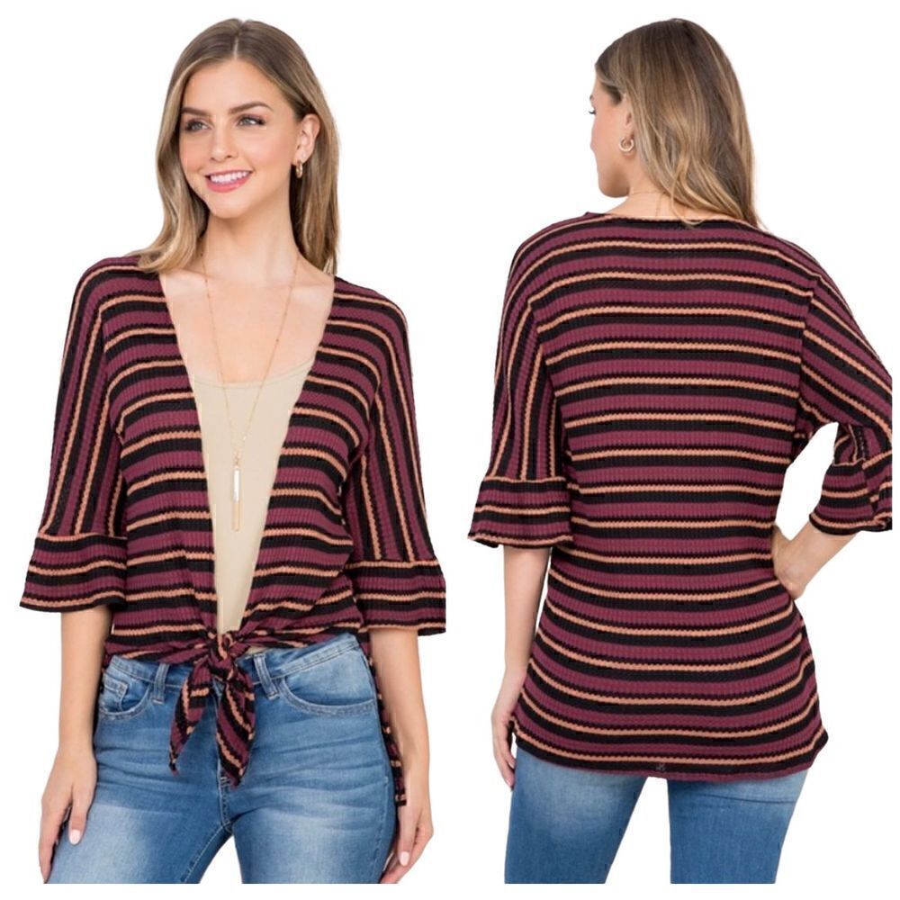 Miley +Molly Multi Stripe Bell Sleeve Tie Front Top S/M/L